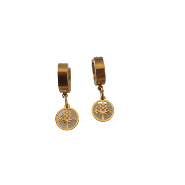 Ατσαλινα σκουλαρικια σε χρωμα χρυσο διακοσμημενα με ατσαλινο δεντρακι ζωης. - κρίκοι, μικρά, ατσάλι