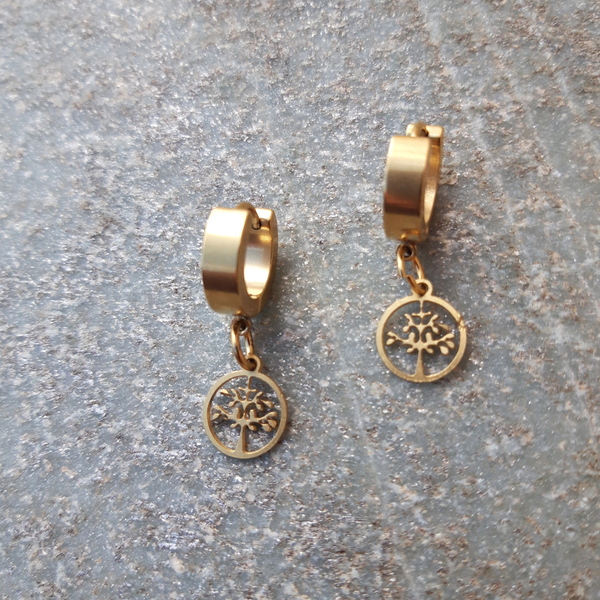Ατσαλινα σκουλαρικια σε χρωμα χρυσο διακοσμημενα με ατσαλινο δεντρακι ζωης. - κρίκοι, μικρά, ατσάλι - 2