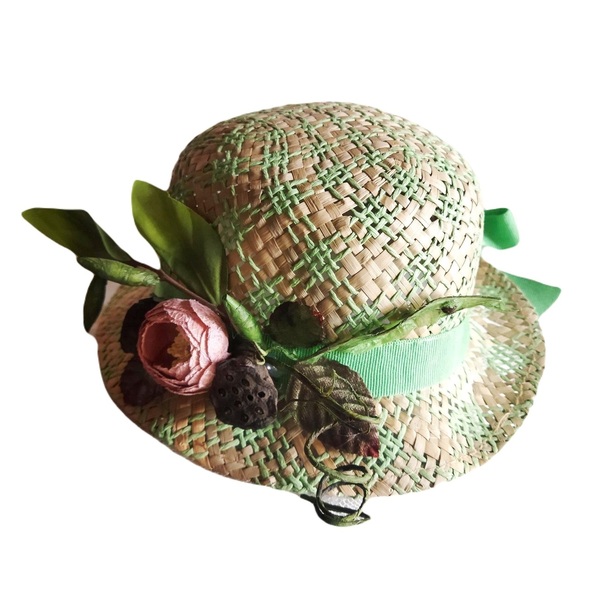 Παιδικό Ψάθινο καπέλο διακοσμημένο , φυσικό με πράσινο , περίμετρος 48 και 49 εκ - κορίτσι, λουλούδια, ψάθινα