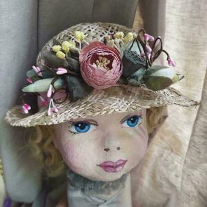 Παιδικό Ψάθινο καπέλο διακοσμημένο , φυσικό με ροζ , περίμετρος 49 και 52 εκ- - κορίτσι, λουλούδια, ψάθινα - 2