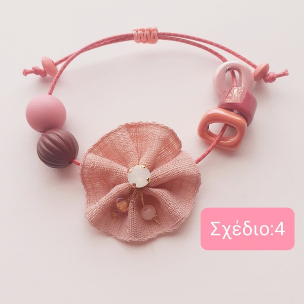 Βραχιόλι "pink flower" - δέρμα, ύφασμα, χάντρες, χεριού, αυξομειούμενα - 5