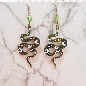 Ακρυλικά σκουλαρίκια φίδι, κρεμαστά Snake earrings - χάντρες, plexi glass, κρεμαστά, γάντζος - 4