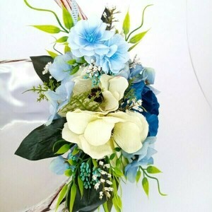 Ανοιξιάτικο καλάθι άσπρο με μπλε λουλούδια - ξύλο, διακοσμητικά - 5