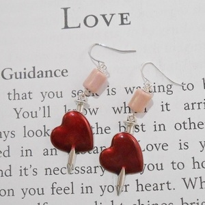 Σκουλαρίκια κόκκινη καρδια Red Heart Sword earrings - γυαλί, σμάλτος, χάντρες, κρεμαστά, γάντζος - 3