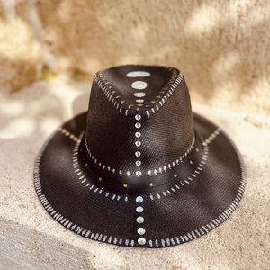 Καπέλο Παναμα - Black Swarovski crystals - απαραίτητα καλοκαιρινά αξεσουάρ, ψάθινα - 5