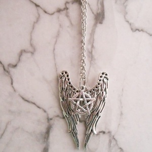 Αντικέ μενταγιόν φτερά και πεντάλφα, Devil Wings Necklace Pentagram - χάντρες, ατσάλι, μεταλλικά στοιχεία, μενταγιόν - 4