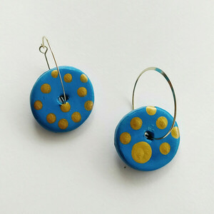 Σκουλαρίκια "round ceramics" - blue & gold - επιχρυσωμένα, πηλός, ατσάλι, κρεμαστά, μεγάλα