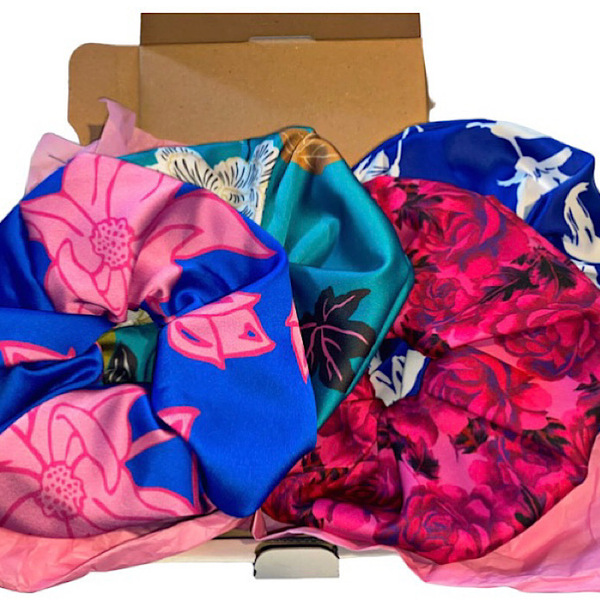 Scrunchies XXL set 4 τεμάχια flower collection SS23 - ύφασμα, λαστιχάκια μαλλιών, μεγάλα scrunchies, σατεν scrunchies