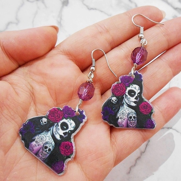 Ακρυλικά σκουλαρίκια Santa Muerte Sugar skull διπλής όψεως, κρεμαστά Sugar Skull Earrings Purple - διπλής όψης, χάντρες, plexi glass, κρεμαστά, γάντζος - 4