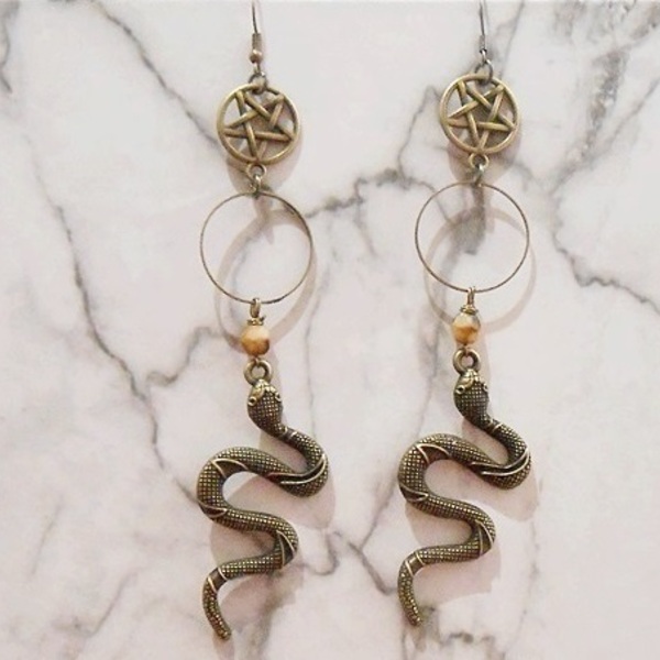 Σκουλαρίκια φίδι με charms και μεταλλικά στοιχεία, κρεμαστά Snake earrings - χάντρες, μπρούντζος, μεταλλικά στοιχεία, κρεμαστά, γάντζος - 4