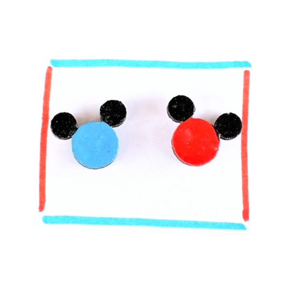 Καρφωτά σκουλαρίκια Ποντικάκια κόκκινο-γαλάζιο - ξύλο, ζωγραφισμένα στο χέρι, καρφωτά, μικρά - 2