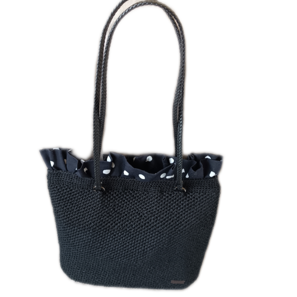 Πλεκτή, χειροποίητη τσάντα ώμου μαύρη με χερούλια δερματίνης 34Χ32Χ12 - νήμα, ώμου, μεγάλες, δερματίνη, πλεκτές τσάντες