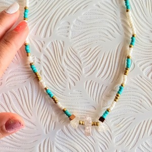 Hematite & Quartz beads | Turquoise |Beaded Necklace|- - ημιπολύτιμες πέτρες, χάντρες, σταθερά - 2