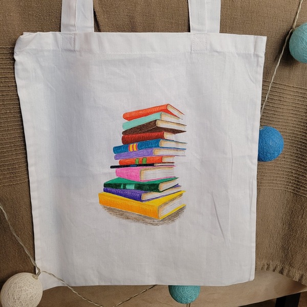 Τσάντα υφασμάτινη, ζωγραφισμένη στο χέρι, λευκό χρώμα - βιβλία - ύφασμα, ώμου, μεγάλες, all day, πάνινες τσάντες - 3