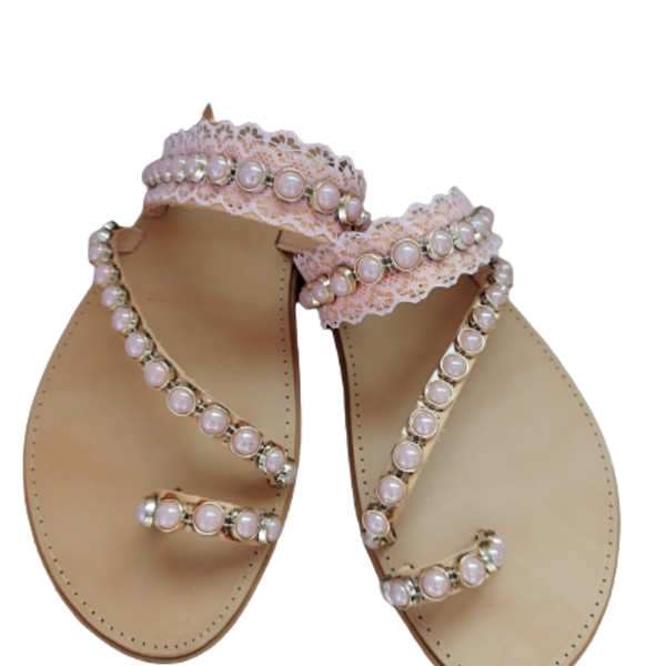 Σανδάλια Pink Perls and lace - δέρμα, πέρλες, φλατ, slides