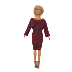 Πλεκτό χειροποίητο φόρεμα με μπολερό για κούκλες τύπου Barbie