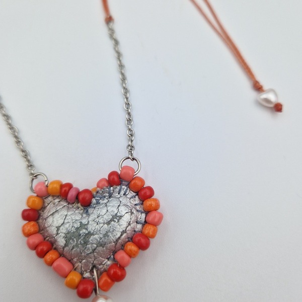 Κολιέ δερμάτινη καρδιά 3 σε 1 - κοραλί - δέρμα, καρδιά, τσόκερ, ατσάλι, seed beads