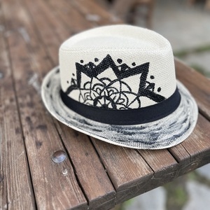 Καπέλο ψάθινο μπεζ boho σχέδιο σε μαύρο χρώμα 58εκ. - ζωγραφισμένα στο χέρι, boho, ethnic, ψάθινα - 2