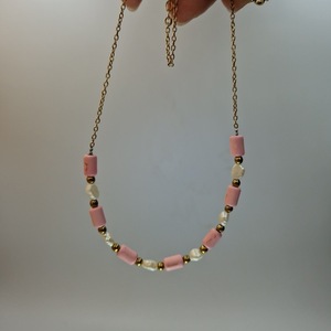 Πολυτελές κολιέ με μαργαριτάρια και ροζ χαολίτη σε επίχρυση αλυσίδα - ημιπολύτιμες πέτρες, μαργαριτάρι, επιχρυσωμένα, κοντά, layering - 5