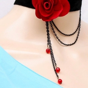 Εντυπωσιακό τσόκερ- κολιέ με κόκκινο τριαντάφυλλο - τριαντάφυλλο, τσόκερ, χάντρες, λουλούδι, boho - 5