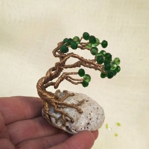 Μπονσάι συρμάτινο δεντράκι με πράσινες χάντρες - πέτρα - 5
