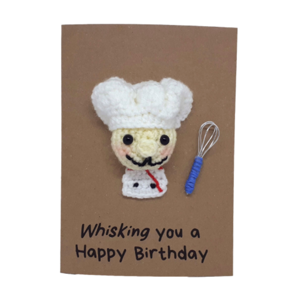 Κάρτα γενεθλίων με πλεκτό σχέδιο ζαχαροπλάστη - γενέθλια, χιουμοριστικό, amigurumi
