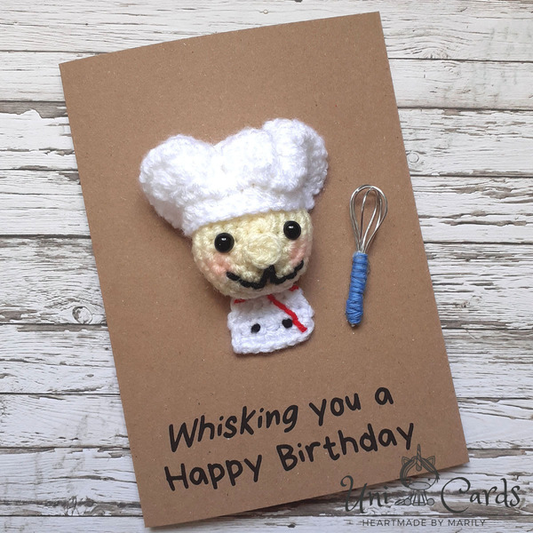 Κάρτα γενεθλίων με πλεκτό σχέδιο ζαχαροπλάστη - γενέθλια, χιουμοριστικό, amigurumi - 2