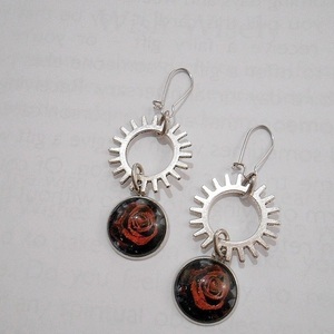 Σκουλαρίκια με γρανάζια και γυαλί, κρεμαστά Gothic rose Steampunk - γυαλί, λουλούδι, κρεμαστά, γάντζος