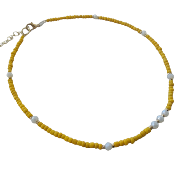 Κολιέ με κίτρινες και λευκές χάντρες - τσόκερ, χάντρες, κοντά, seed beads