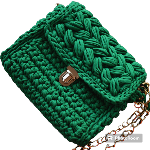 Πλεκτή τσάντα πράσινη από ανακυκλωμένο μακό. - νήμα, ώμου, μεγάλες, πλεκτές τσάντες, φθηνές