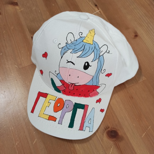 παιδικό καπέλο jockey με όνομα και θέμα μονόκερος με καρπούζι (unicorn and watermelon) - κορίτσι, όνομα - μονόγραμμα, καρπούζι, μονόκερος, καπέλα - 3