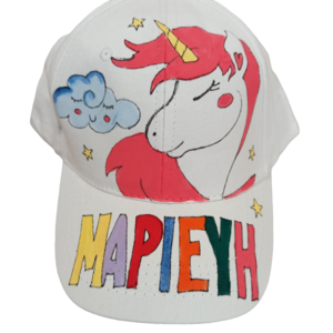 παιδικό καπέλο jockey με όνομα και θέμα μονόκερος με συννεφάκι - όνομα - μονόγραμμα, συννεφάκι, μονόκερος, καπέλα, προσωποποιημένα