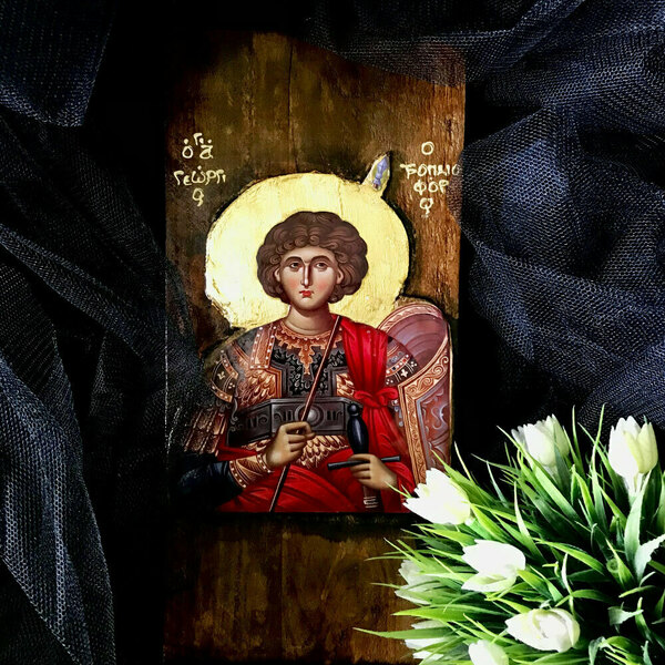 Άγιος Γεώργιος Χειροποίητη Εικόνα Σε Ξύλο 35x14cm - πίνακες & κάδρα, πίνακες ζωγραφικής - 2