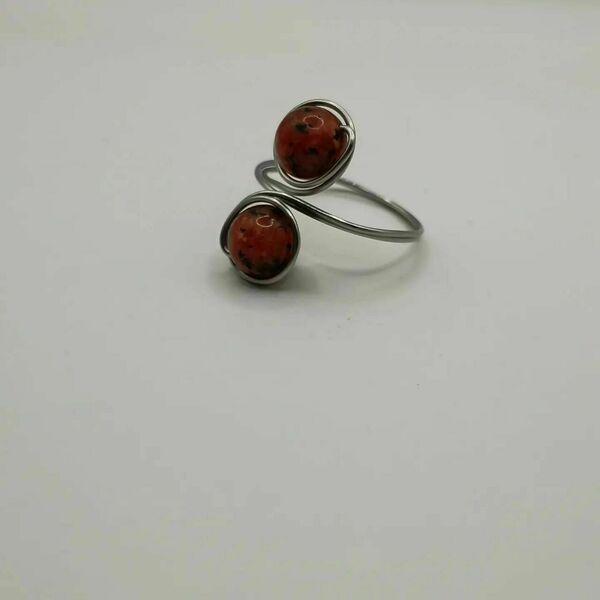 Boho δαχτυλίδι με ατσάλινο σύρμα και χάντρες ίασπι - red jasper - ημιπολύτιμες πέτρες, boho - 3