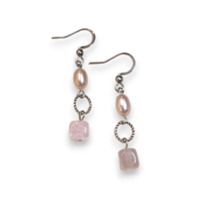 Σκουλαρίκια με ροζ χαλαζία και μαργαριτάρια - ημιπολύτιμες πέτρες, μαργαριτάρι, ατσάλι, κρεμαστά
