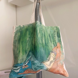 Υφασμάτινη τσάντα απο χοντρό βαμβακερό ύφασμα. Θέμα γοργόνα Διαστάσεις 40Χ38Χ10 - ύφασμα, ώμου, θαλάσσης, tote, πάνινες τσάντες - 2