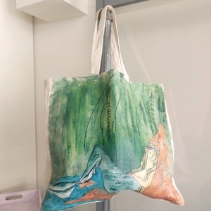 Υφασμάτινη τσάντα απο χοντρό βαμβακερό ύφασμα. Θέμα γοργόνα Διαστάσεις 40Χ38Χ10 - ύφασμα, ώμου, θαλάσσης, tote, πάνινες τσάντες - 5