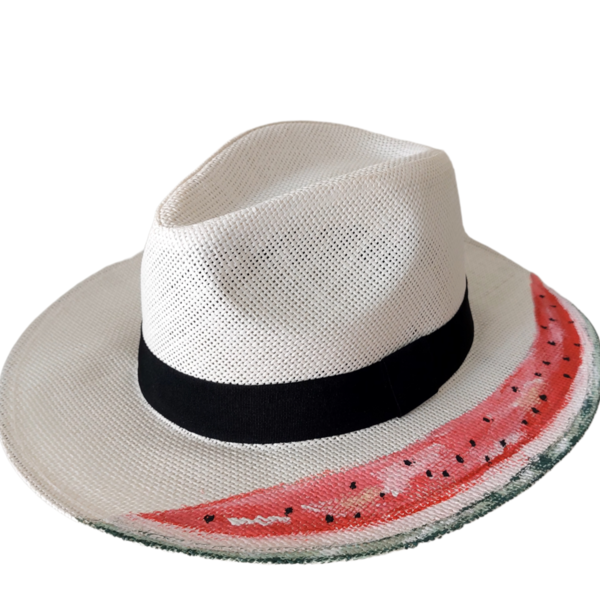 Ζωγραφισμένο ψάθινο καπέλο με θέμα το καρπούζι - ψάθινα