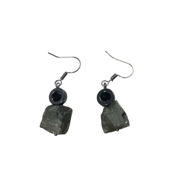 Κρεμαστά σκουλαρίκια με σιδηροπυρίτη - ημιπολύτιμες πέτρες, μικρά, κρεμαστά, γάντζος