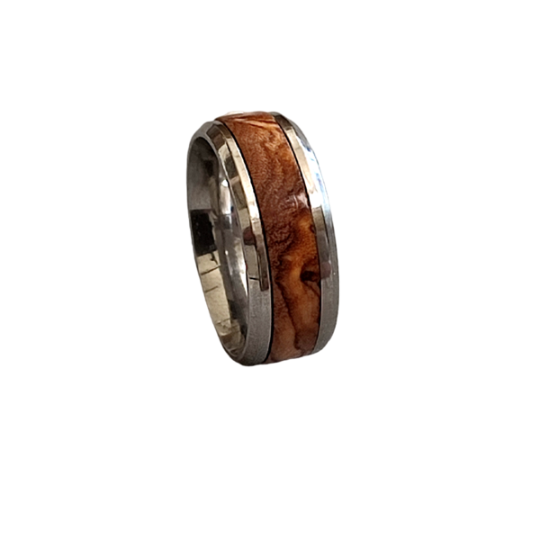 Ατσάλινο δακτυλίδι διακοσμημένο με ξύλο ελιάς - ατσάλι, boho, σταθερά, φθηνά