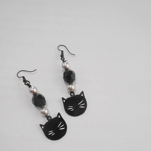 Σκουλαρίκια με μεταλλικά στοιχεία και χάντρες Black cat Earrings Cute cat - γάτα, χάντρες, ατσάλι, κρεμαστά, γάντζος