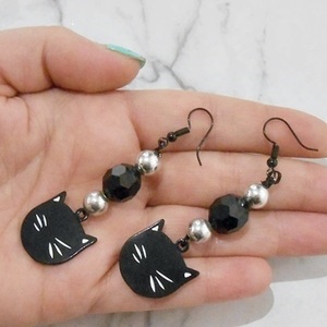 Σκουλαρίκια με μεταλλικά στοιχεία και χάντρες Black cat Earrings Cute cat - γάτα, χάντρες, ατσάλι, κρεμαστά, γάντζος - 4