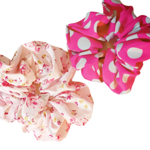 Σετ 2 χειροποίητα scrunchies - λαστιχάκια - αξεσουάρ μαλλιών "polkadot - pink floral" - ύφασμα, πουά, λαστιχάκια μαλλιών