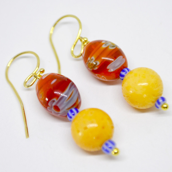 Διπλά σκουλαρίκια με murano και πορτοκαλί κοράλλι - ημιπολύτιμες πέτρες, επιχρυσωμένα, μικρά, boho, κρεμαστά