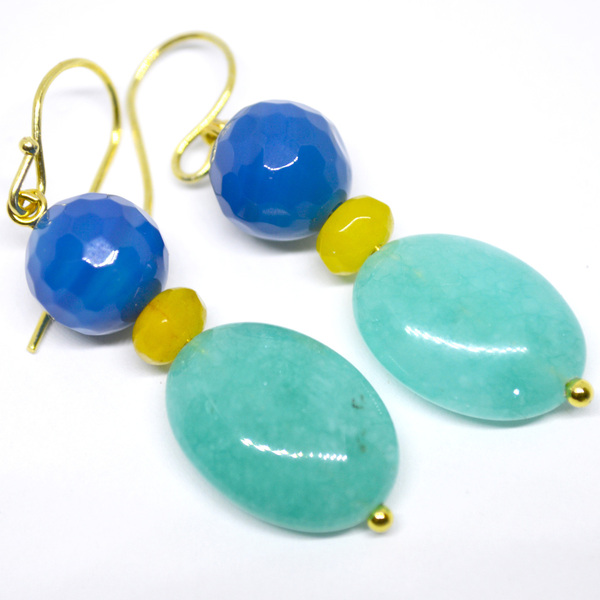 Τριπλά σκουλαρίκια με πολύχρωμες ημιπολύτιμες πέτρες - ασήμι, ημιπολύτιμες πέτρες, μικρά, boho, κρεμαστά