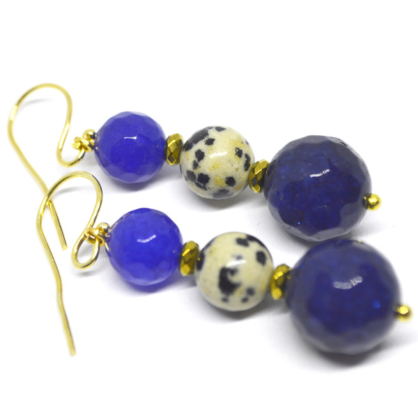 Τριπλά σκουλαρίκια με ημιπολύτιμες πέτρες jade μπλε άσπρο-μαύρο - ημιπολύτιμες πέτρες, επιχρυσωμένα, boho, κρεμαστά, μεγάλα - 2