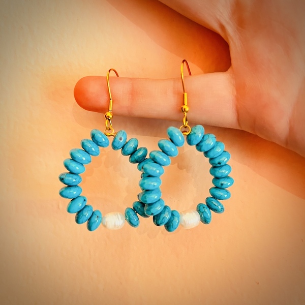 Turquoise earrings - ημιπολύτιμες πέτρες, μαργαριτάρι, boho, μεγάλα, γάντζος - 2