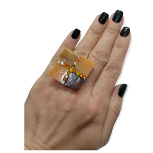 Χειροποίητο γυναικείο δαχτυλίδι με ψηφίδες γυαλιού, από κράμα μετάλλων -RIN28 - γυαλί, γεωμετρικά σχέδια, μεγάλα, αυξομειούμενα - 2
