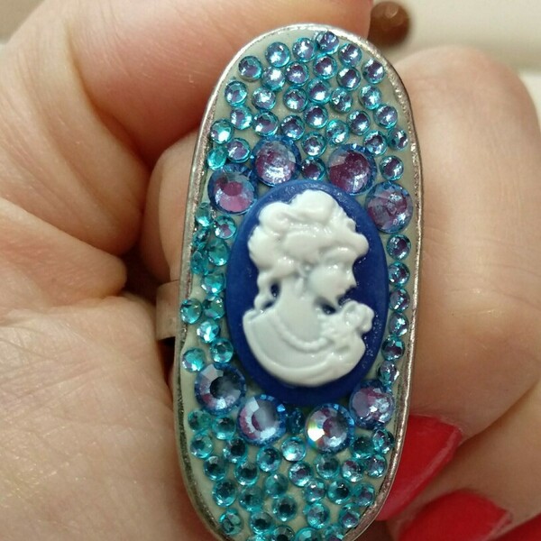 Χειροποίητο γυναικείο μεταλλικό δαχτυλίδι με πηλό και στρας -RIN09 - πηλός, χάντρες, αυξομειούμενα - 3