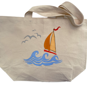 Canvas Tote Bag ζωγραφισμένη στο χέρι - Boat in waves - ύφασμα, ώμου, all day, tote, πάνινες τσάντες